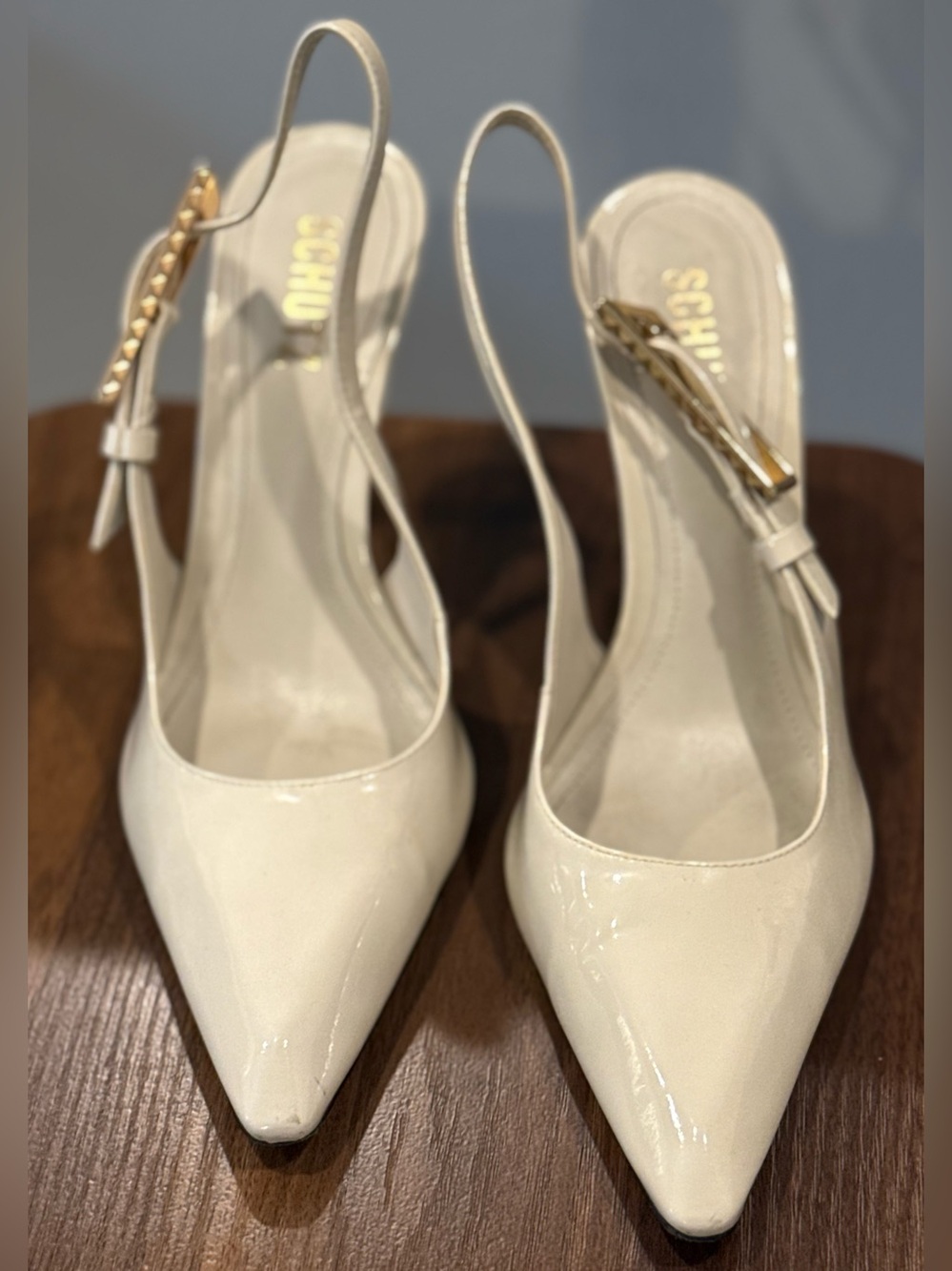 SCHUTZ Cream Pointed Slingback Heels with Gold Buckle & Gold Heel - Picture 5 of 9